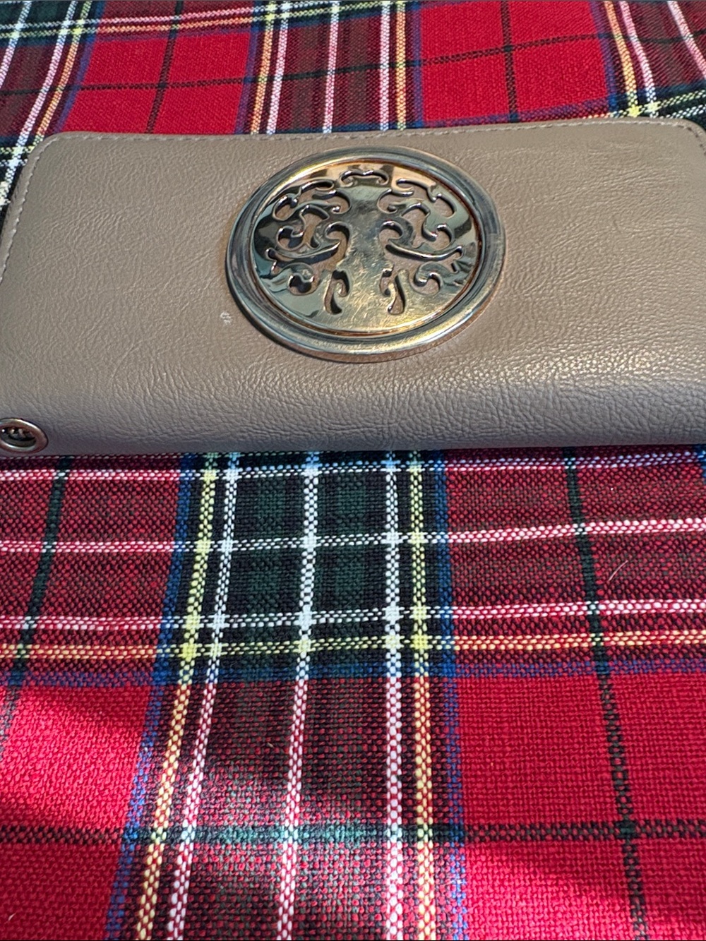 Dasein Faux Leather Clutch in Taupe with Medallion, Lightly Used, 7.5X4”
